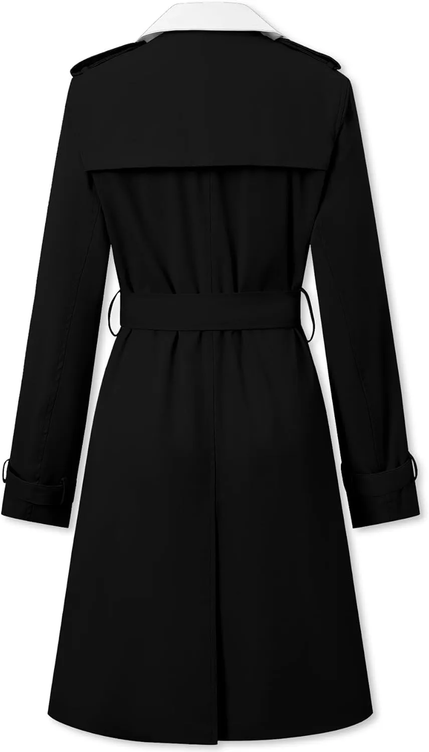Betusline Women's Long Double-Breasted Waterproof Trench Coat with Belt