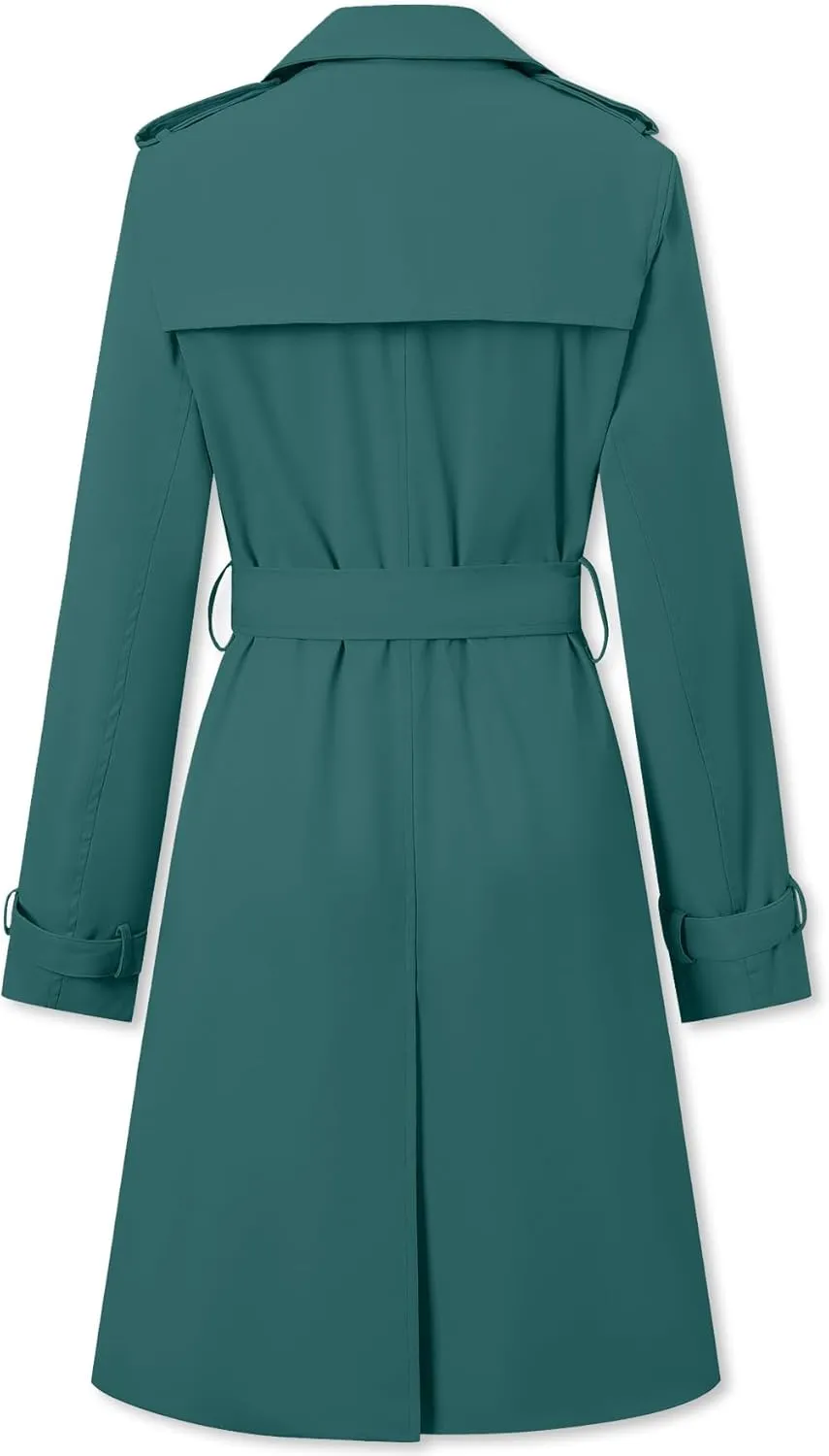 Betusline Women's Long Double-Breasted Waterproof Trench Coat with Belt