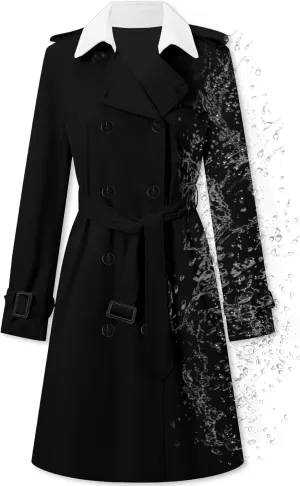 Betusline Women's Long Double-Breasted Waterproof Trench Coat with Belt