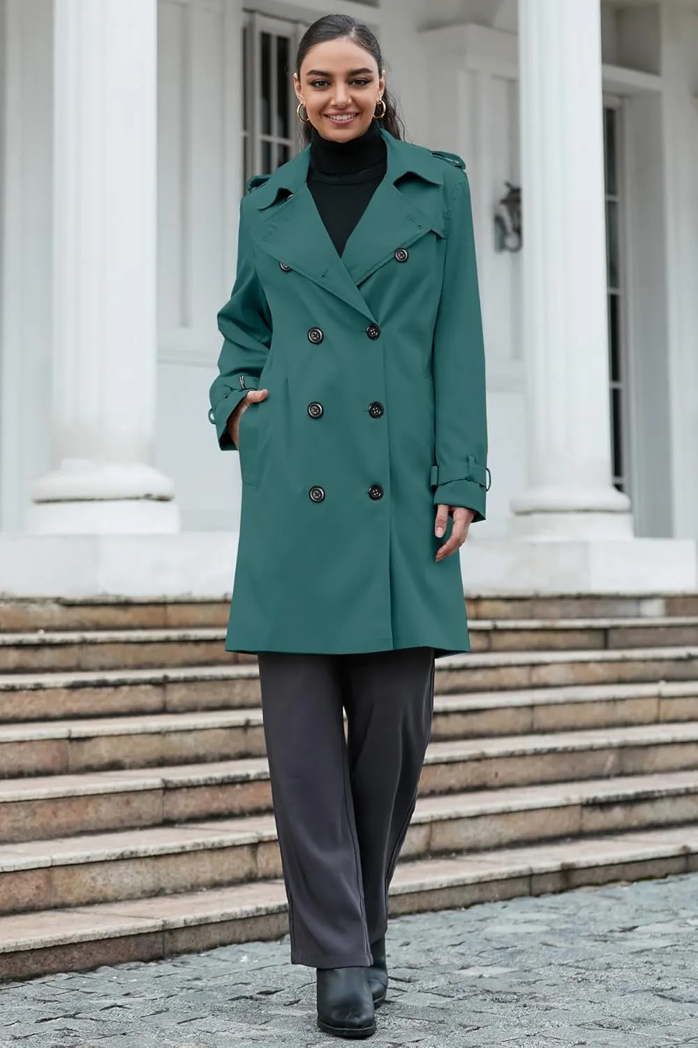 Betusline Women's Long Double-Breasted Waterproof Trench Coat with Belt