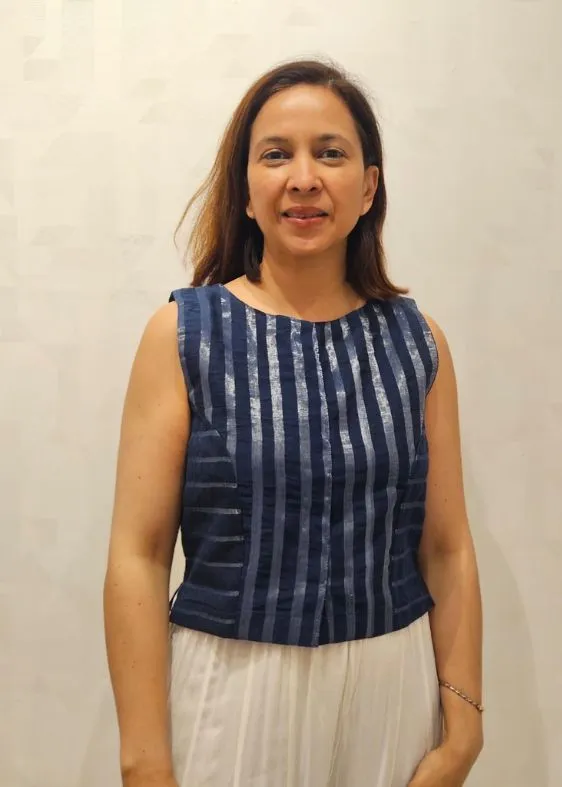 Blue Red Sleeveless Cotton Blouse