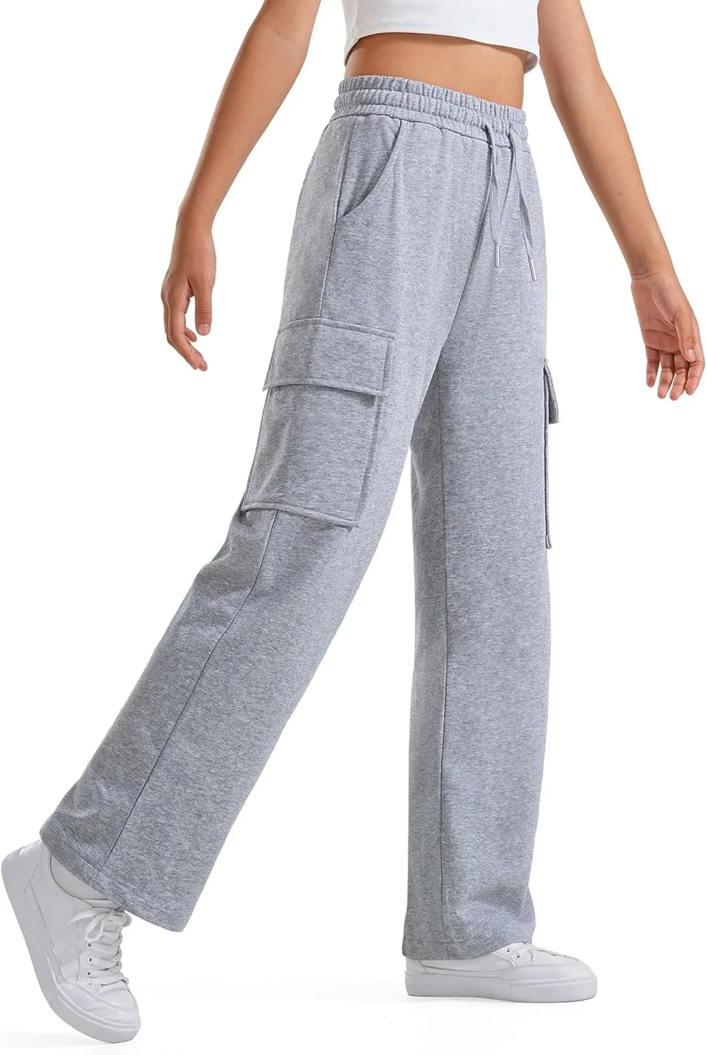 BOOPH Girls Sweatpants Kids Drawstring Cargo Pants Teen Girls Wide Leg Joggers Pants with Pockets