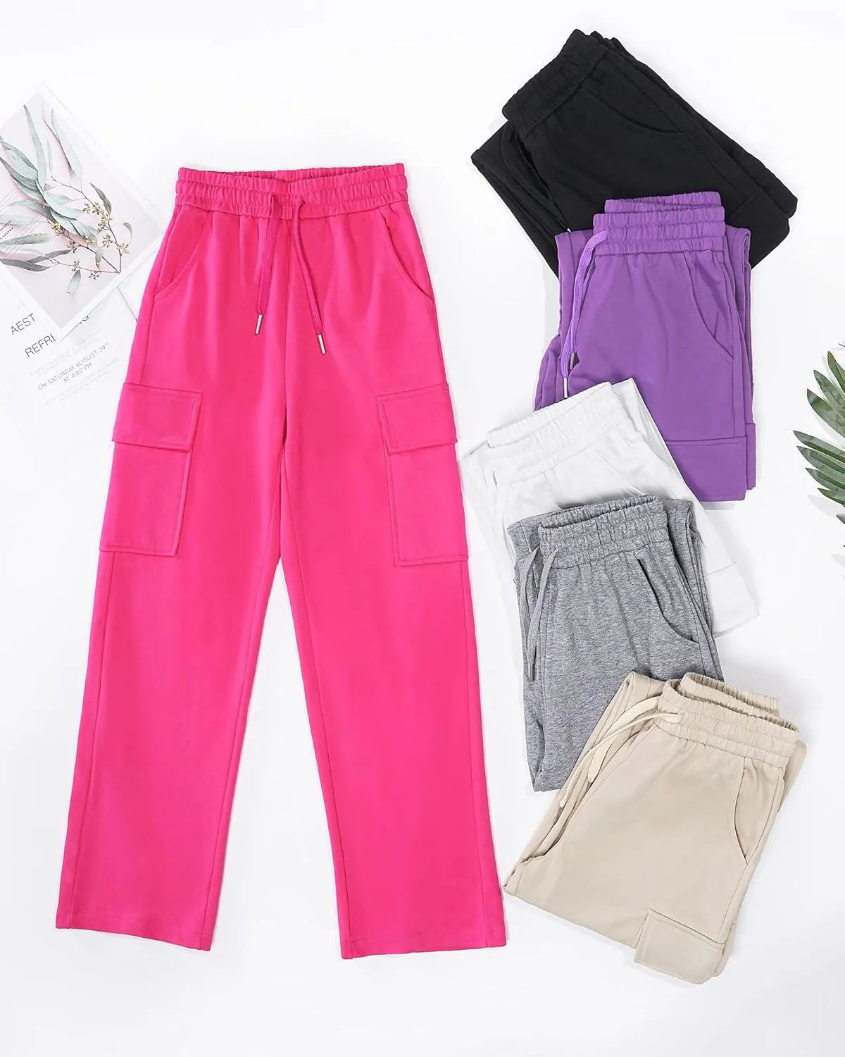 BOOPH Girls Sweatpants Kids Drawstring Cargo Pants Teen Girls Wide Leg Joggers Pants with Pockets