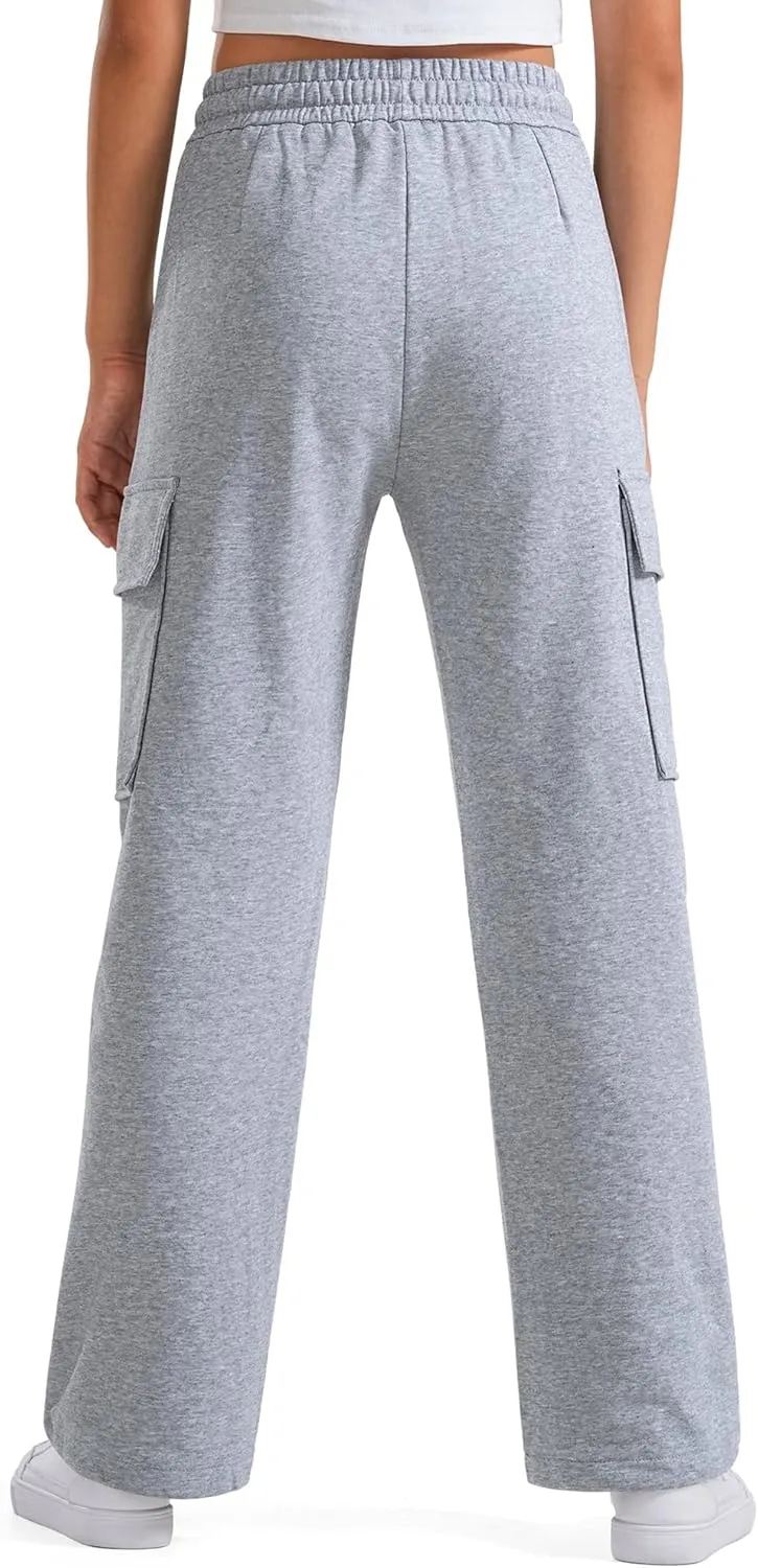 BOOPH Girls Sweatpants Kids Drawstring Cargo Pants Teen Girls Wide Leg Joggers Pants with Pockets