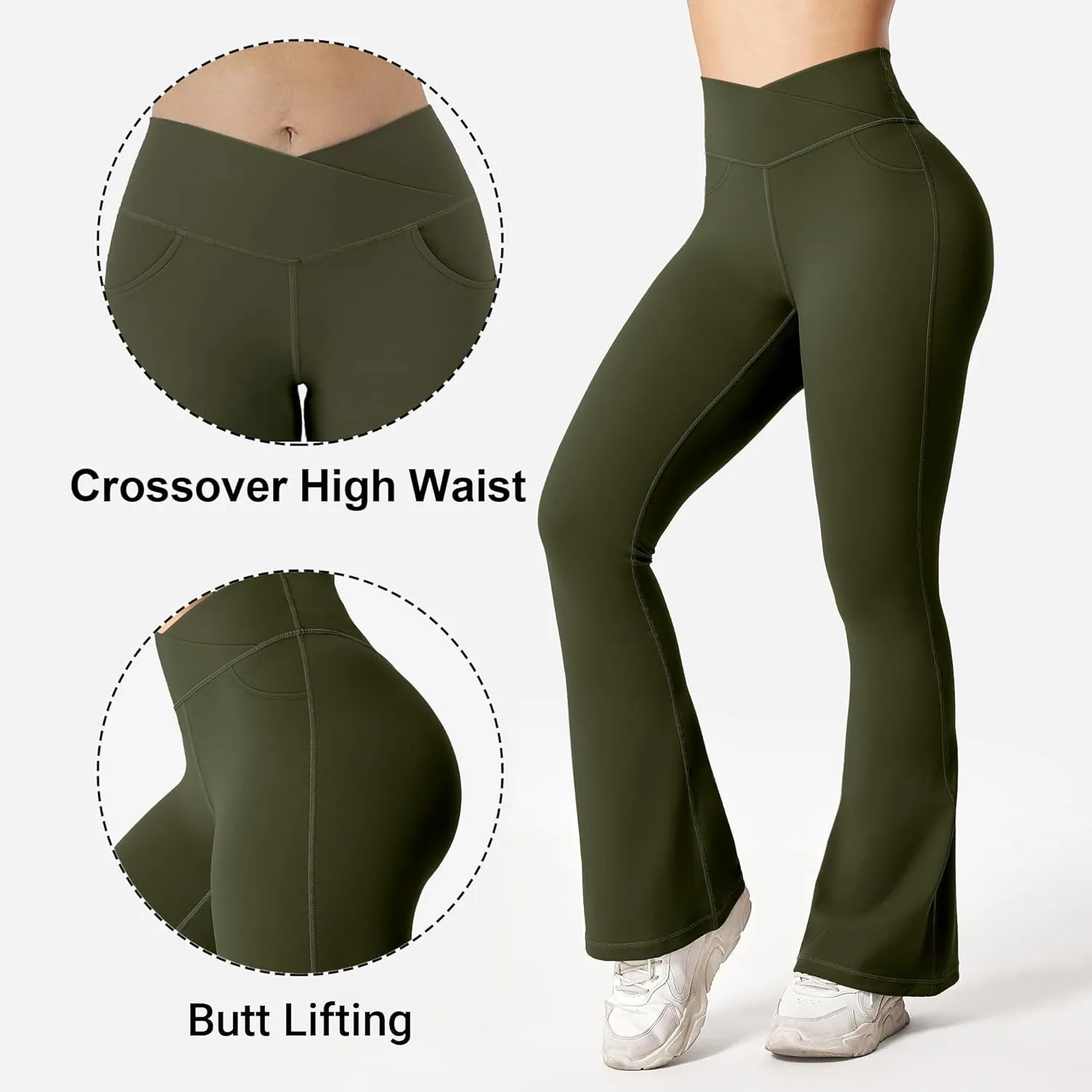 BOOVET Women's Flare Yoga Pants with Pockets Crossover High Waisted Bootcut Flare Yoga Leggings Tummy Control Workout Pants