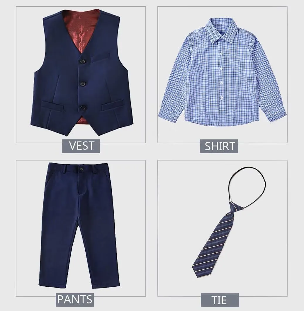 Boys 4-Pieces Suits Slim Fit Kids Outfits Vest Dress Pants Sets Formal Suit for Boy