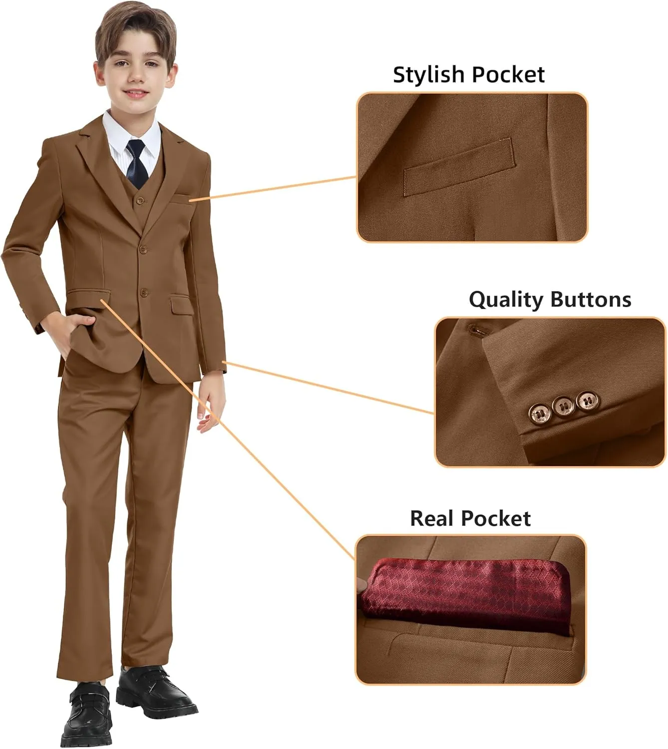 Boy's Formal Suit 7 Piece Slim Fit Tuxedo for Kids Teen Boys Jacket Vest and Pants Set for Wedding with Bow Tie Suspenders