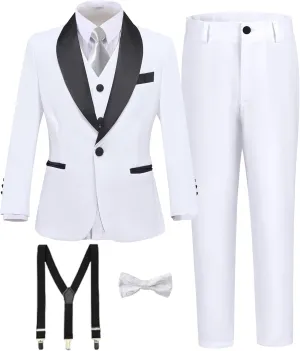 Boy's Formal Suit 7 Piece Slim Fit Tuxedo for Kids Teen Boys Jacket Vest and Pants Set for Wedding with Bow Tie Suspenders