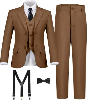 Boy's Formal Suit 7 Piece Slim Fit Tuxedo for Kids Teen Boys Jacket Vest and Pants Set for Wedding with Bow Tie Suspenders