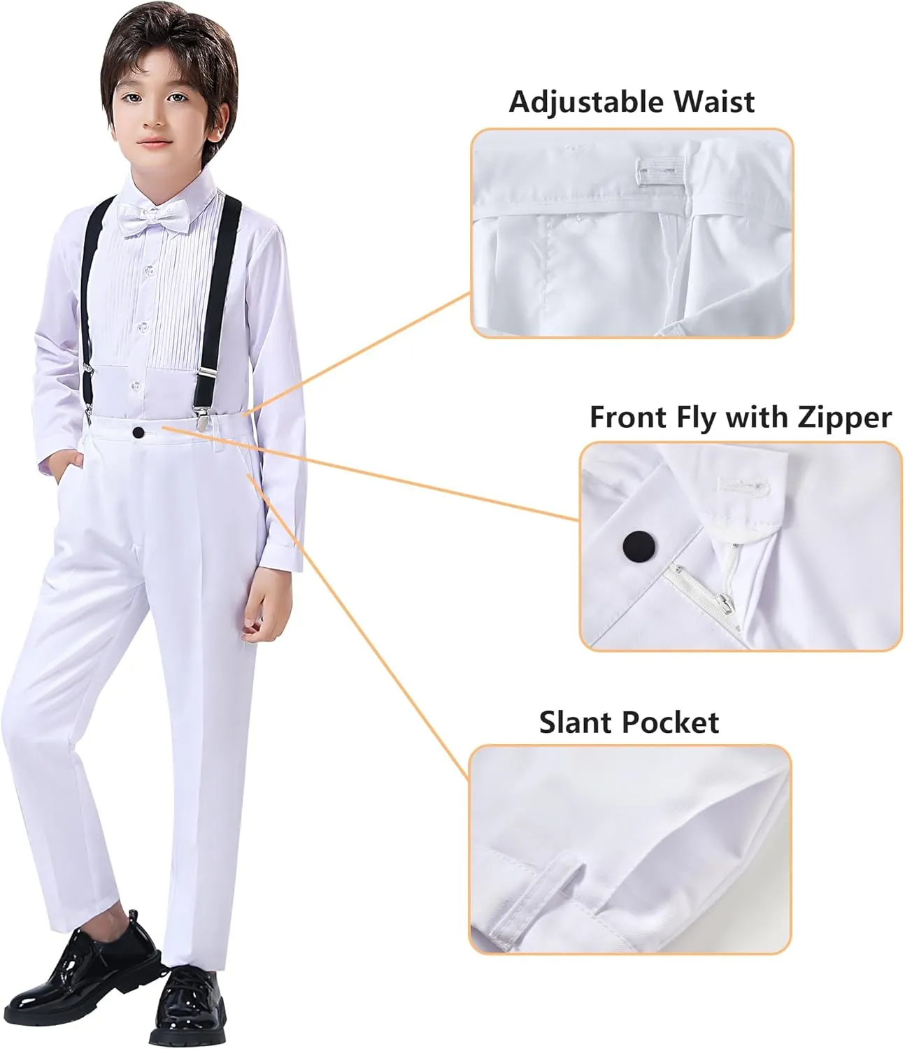 Boy's Formal Suit 7 Piece Slim Fit Tuxedo for Kids Teen Boys Jacket Vest and Pants Set for Wedding with Bow Tie Suspenders