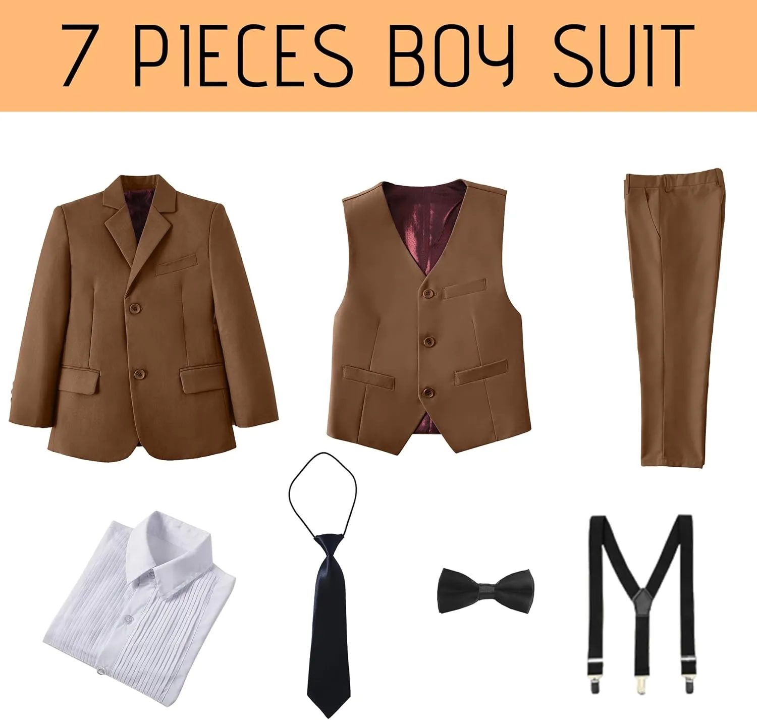 Boy's Formal Suit 7 Piece Slim Fit Tuxedo for Kids Teen Boys Jacket Vest and Pants Set for Wedding with Bow Tie Suspenders