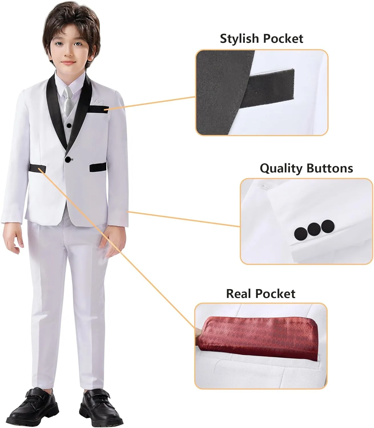 Boy's Formal Suit 7 Piece Slim Fit Tuxedo for Kids Teen Boys Jacket Vest and Pants Set for Wedding with Bow Tie Suspenders