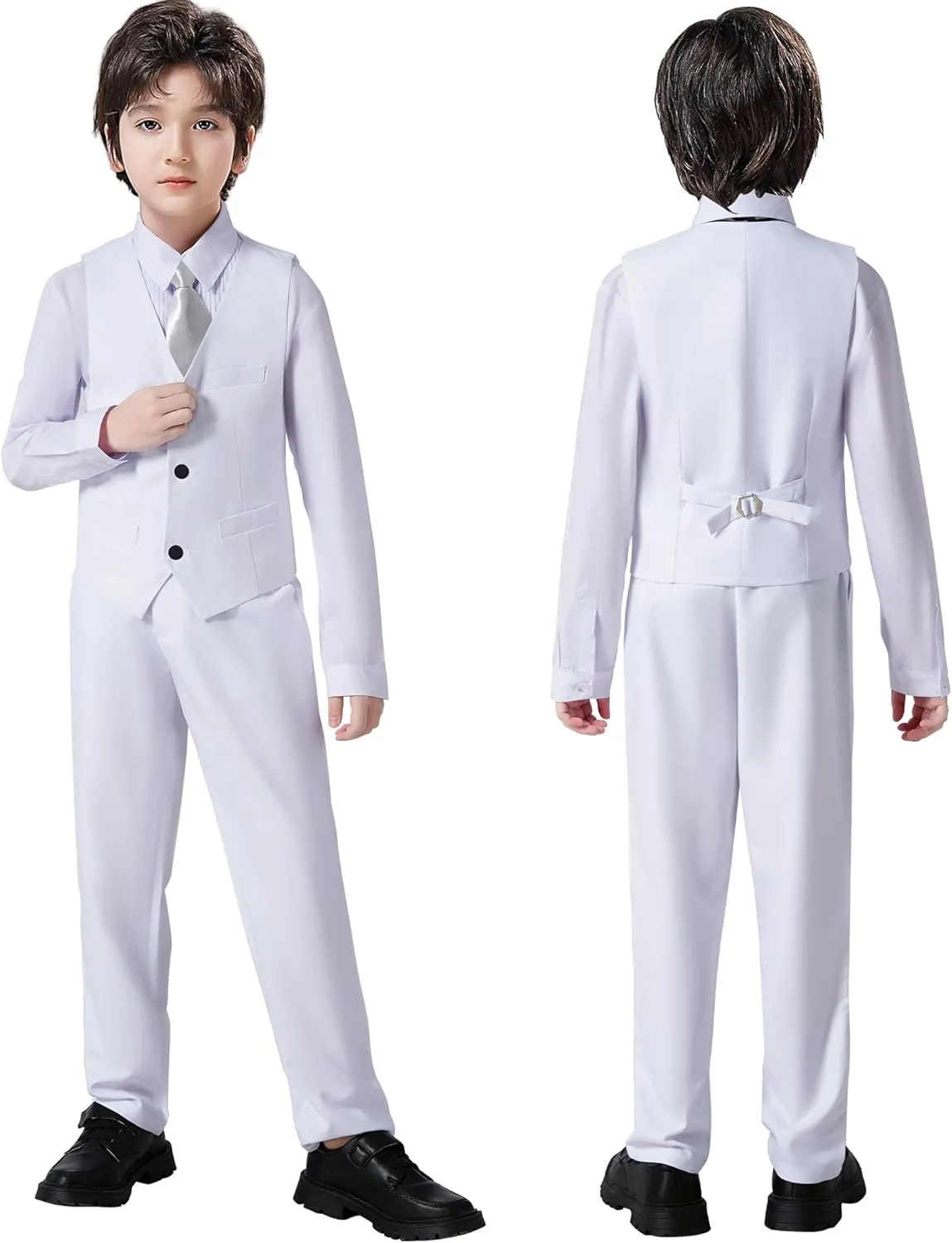 Boy's Formal Suit 7 Piece Slim Fit Tuxedo for Kids Teen Boys Jacket Vest and Pants Set for Wedding with Bow Tie Suspenders
