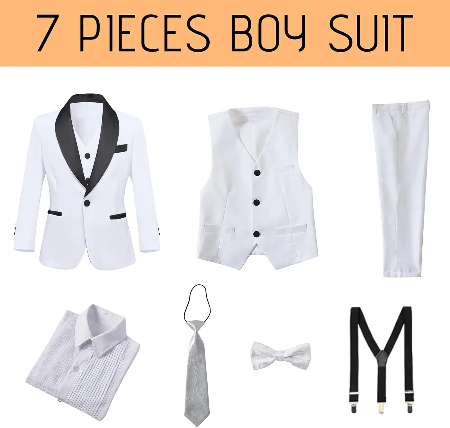 Boy's Formal Suit 7 Piece Slim Fit Tuxedo for Kids Teen Boys Jacket Vest and Pants Set for Wedding with Bow Tie Suspenders