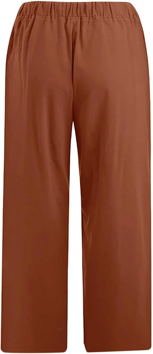 Capri Linen Pants Women Summer Drawstring Pockets Wide Leg Capris Loose Casual Palazzo Capris Beach Vacation Outfits