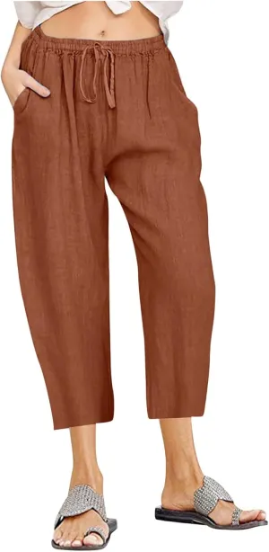Capri Linen Pants Women Summer Drawstring Pockets Wide Leg Capris Loose Casual Palazzo Capris Beach Vacation Outfits