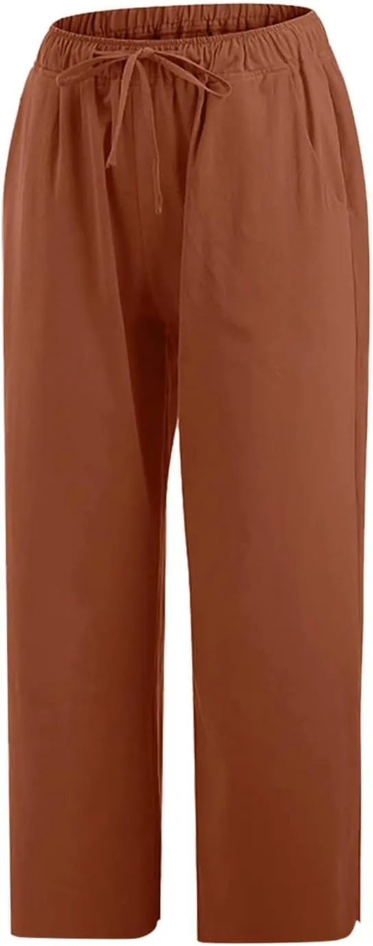 Capri Linen Pants Women Summer Drawstring Pockets Wide Leg Capris Loose Casual Palazzo Capris Beach Vacation Outfits