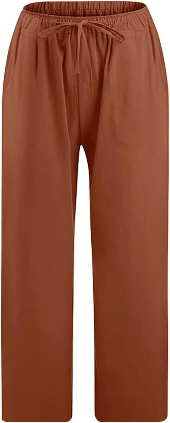 Capri Linen Pants Women Summer Drawstring Pockets Wide Leg Capris Loose Casual Palazzo Capris Beach Vacation Outfits