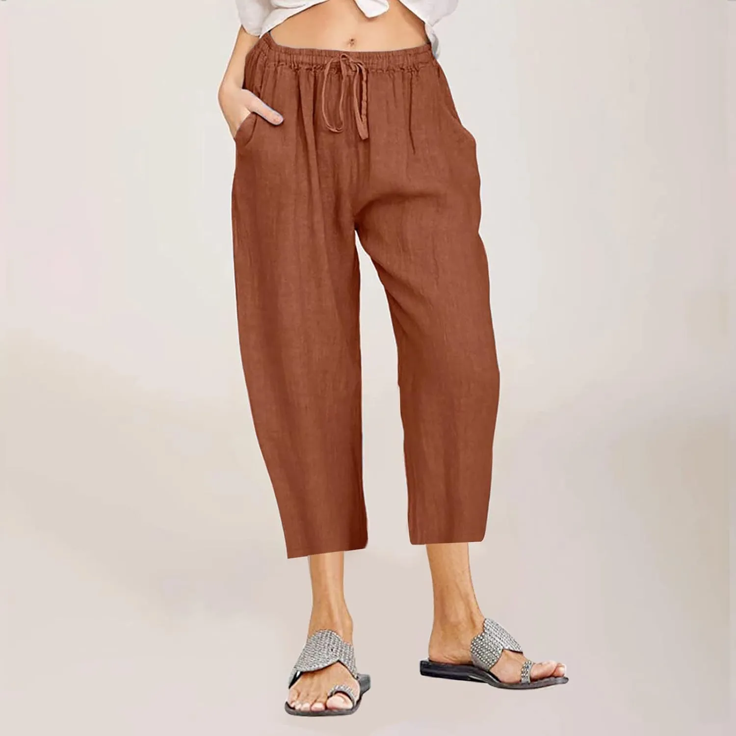 Capri Linen Pants Women Summer Drawstring Pockets Wide Leg Capris Loose Casual Palazzo Capris Beach Vacation Outfits