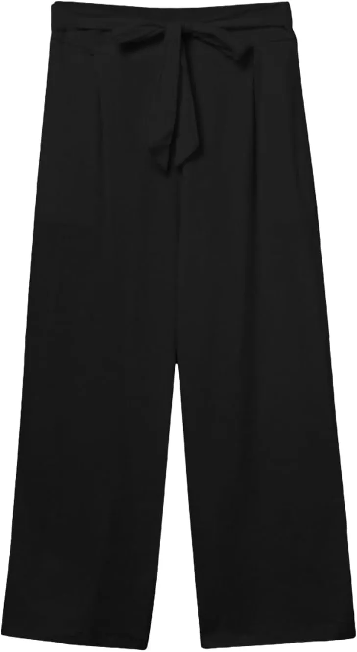 Capri Pants for Women Casual Wide Leg Linen Pants Elastic Waist Tie Belt Straight Leg Drawstring Trousers with Pockets