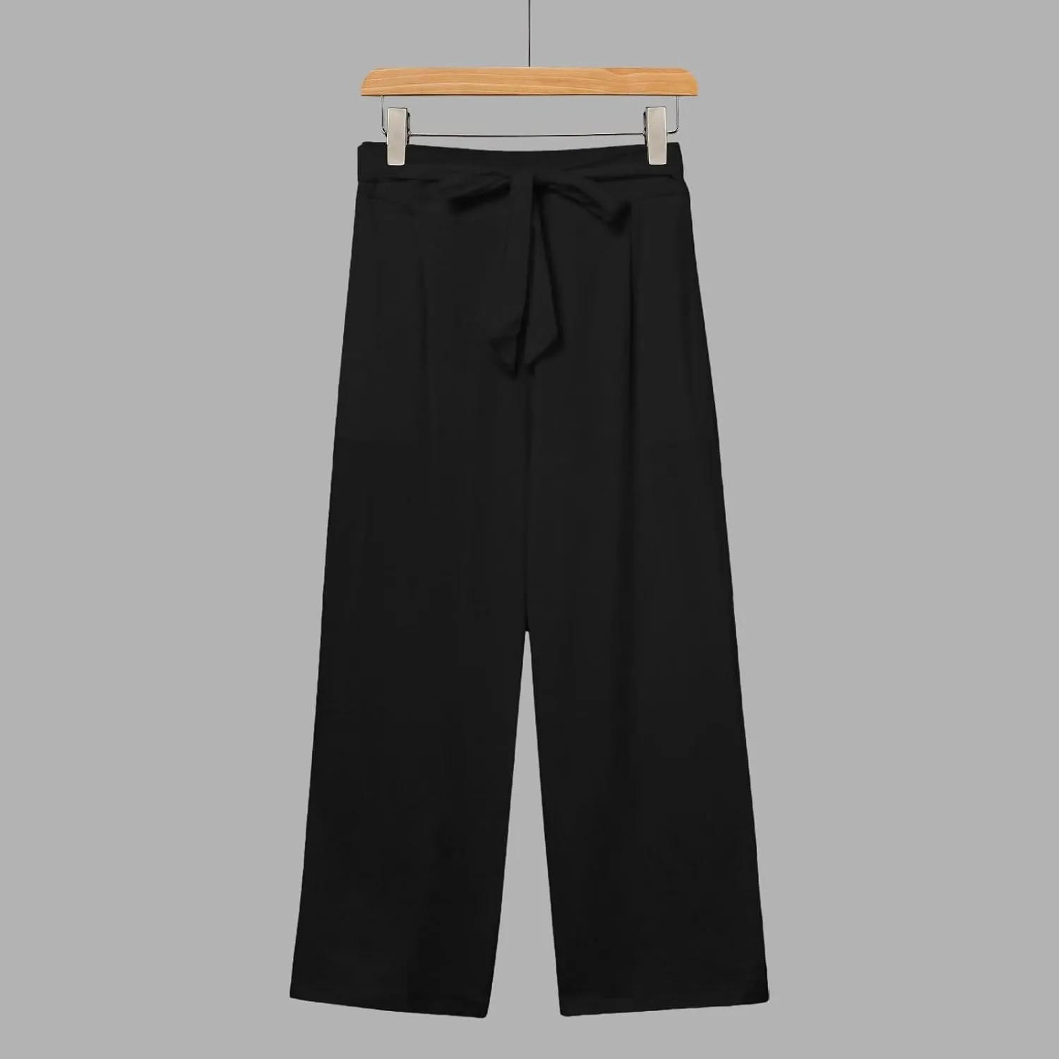 Capri Pants for Women Casual Wide Leg Linen Pants Elastic Waist Tie Belt Straight Leg Drawstring Trousers with Pockets
