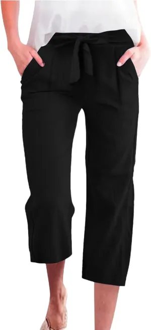 Capri Pants for Women Casual Wide Leg Linen Pants Elastic Waist Tie Belt Straight Leg Drawstring Trousers with Pockets