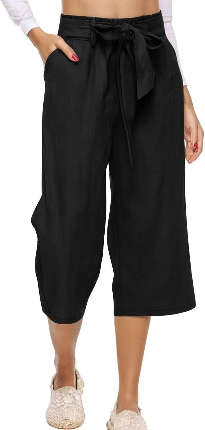 Capri Pants for Women Casual Wide Leg Linen Pants Elastic Waist Tie Belt Straight Leg Drawstring Trousers with Pockets