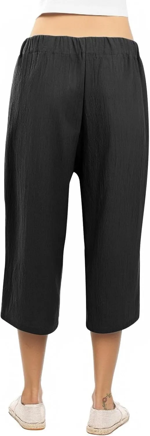 Capri Pants for Women Casual Wide Leg Linen Pants Elastic Waist Tie Belt Straight Leg Drawstring Trousers with Pockets