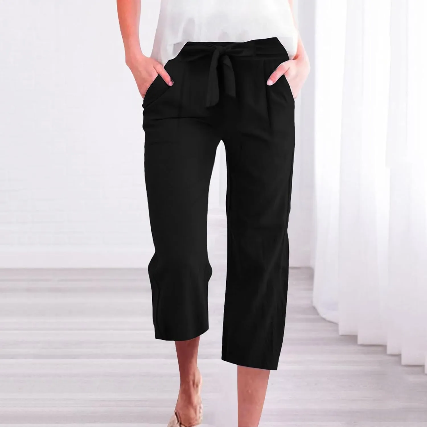 Capri Pants for Women Casual Wide Leg Linen Pants Elastic Waist Tie Belt Straight Leg Drawstring Trousers with Pockets