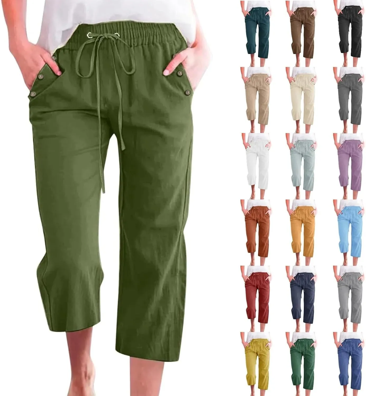 Capris Pants for Women Cotton Linen Summer 2025 Casual Straight Wide Leg Loose Drawstring Elastic Waist Cropped Trouser