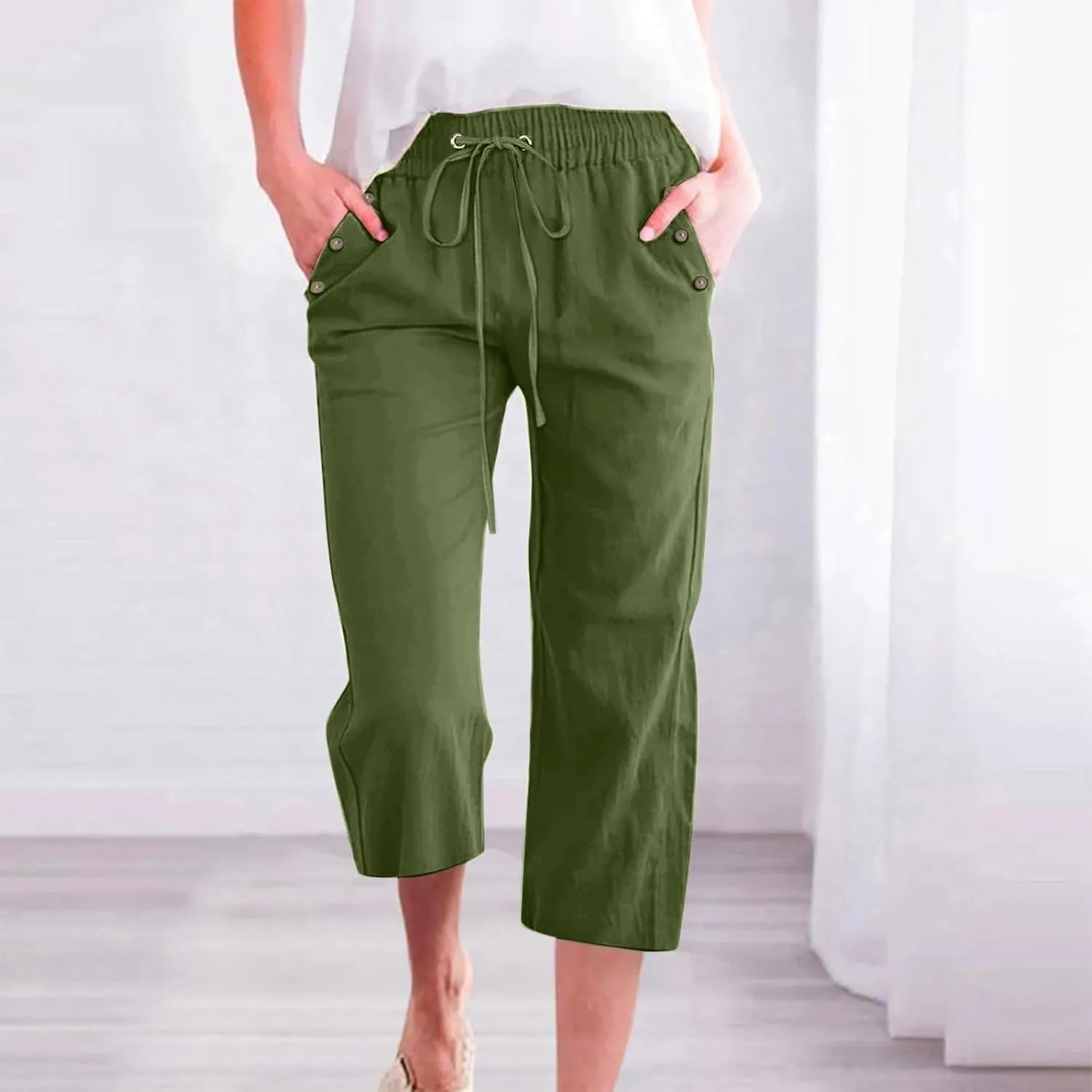 Capris Pants for Women Cotton Linen Summer 2025 Casual Straight Wide Leg Loose Drawstring Elastic Waist Cropped Trouser