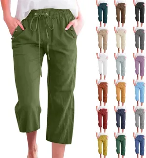 Capris Pants for Women Cotton Linen Summer 2025 Casual Straight Wide Leg Loose Drawstring Elastic Waist Cropped Trouser