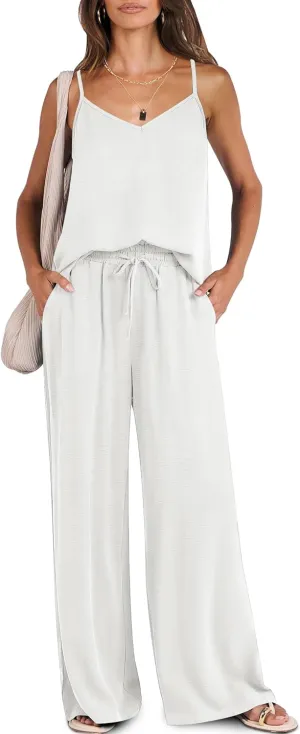 Caracilia 2 Piece Lounge Sets for Women Summer Casual Matching Wide Leg Pants Beach Travel Vacation 2025 Trendy Outfits