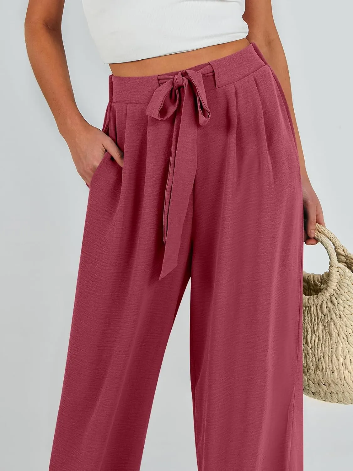 Caracilia Women Wide Leg Palazzo Pants Summer High Waist Flowy Casual Trousers Loose Lounge Beach Travel Vacation Clothes