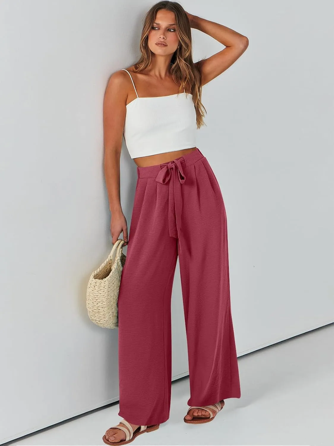 Caracilia Women Wide Leg Palazzo Pants Summer High Waist Flowy Casual Trousers Loose Lounge Beach Travel Vacation Clothes