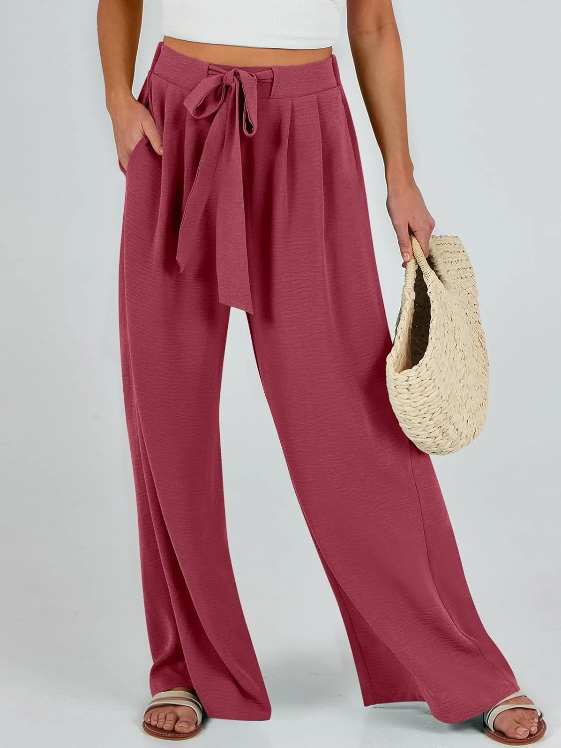 Caracilia Women Wide Leg Palazzo Pants Summer High Waist Flowy Casual Trousers Loose Lounge Beach Travel Vacation Clothes