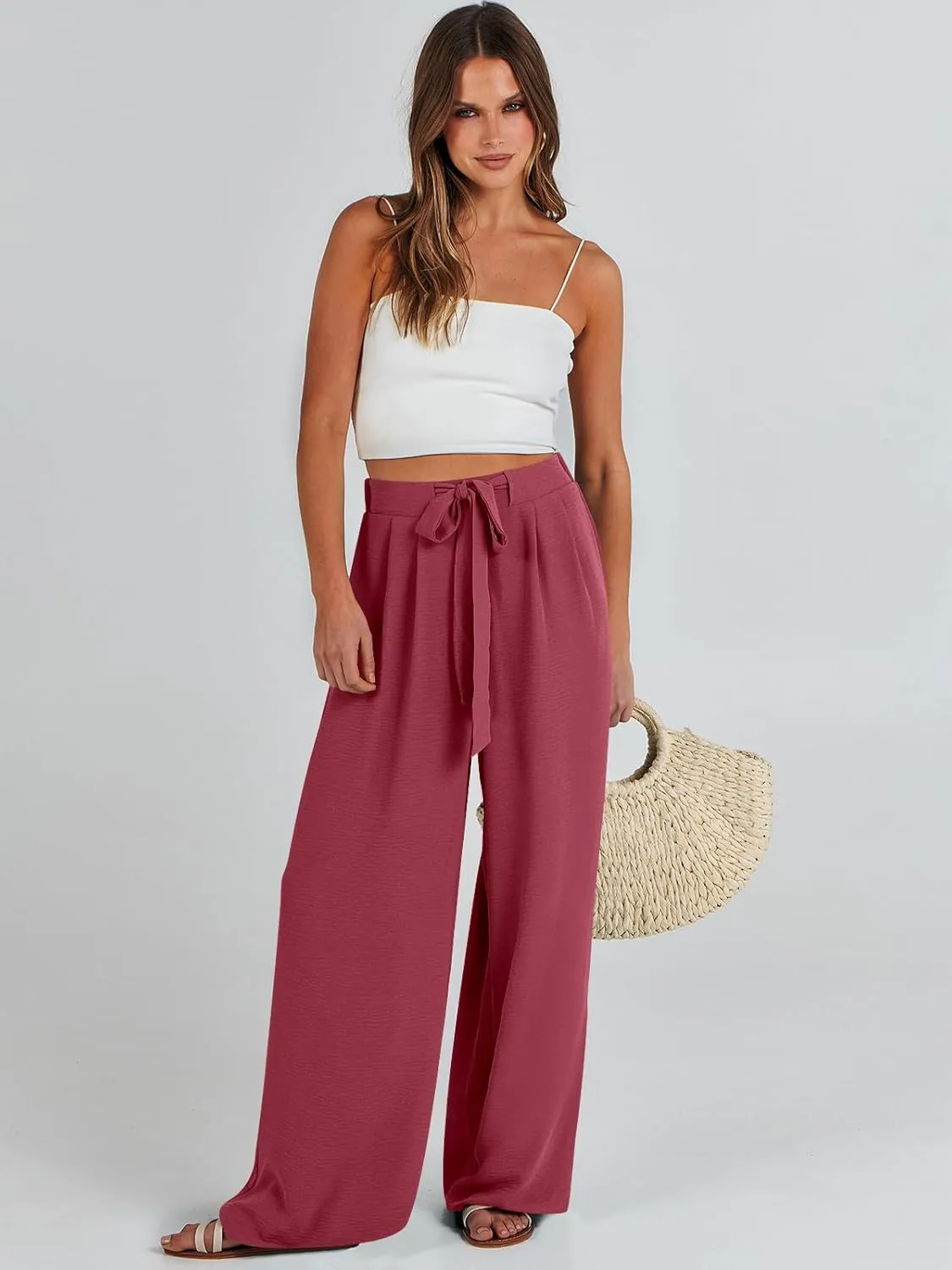 Caracilia Women Wide Leg Palazzo Pants Summer High Waist Flowy Casual Trousers Loose Lounge Beach Travel Vacation Clothes