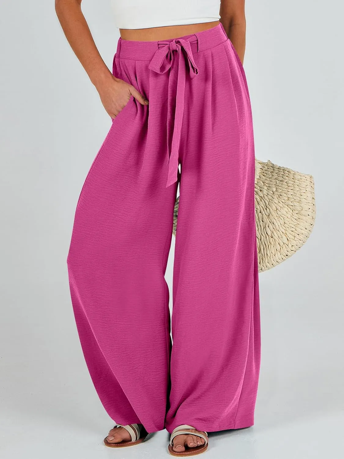Caracilia Women Wide Leg Palazzo Pants Summer High Waist Flowy Casual Trousers Loose Lounge Beach Travel Vacation Clothes
