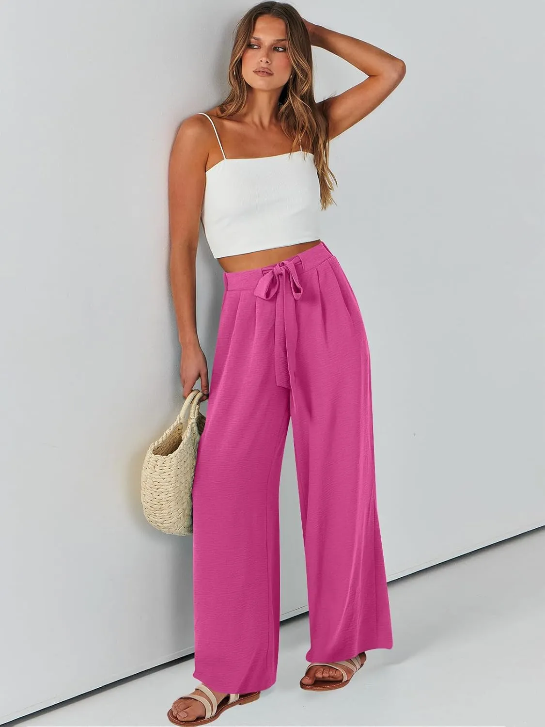 Caracilia Women Wide Leg Palazzo Pants Summer High Waist Flowy Casual Trousers Loose Lounge Beach Travel Vacation Clothes