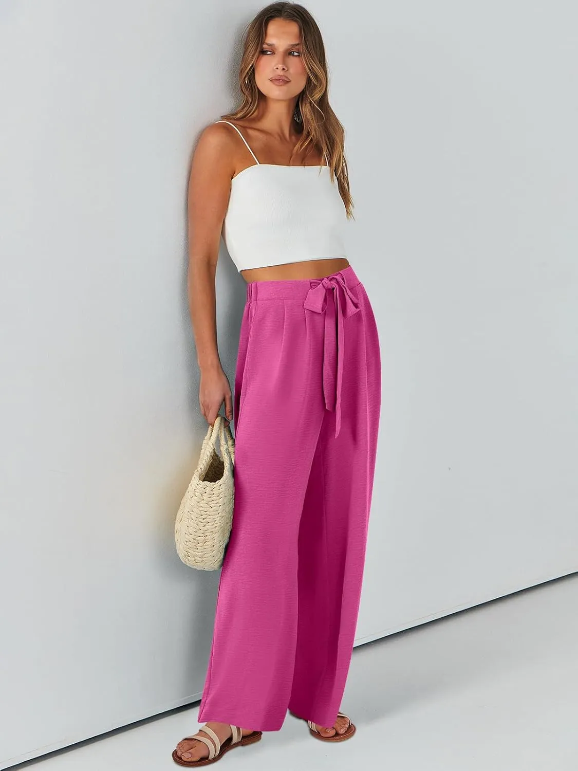 Caracilia Women Wide Leg Palazzo Pants Summer High Waist Flowy Casual Trousers Loose Lounge Beach Travel Vacation Clothes