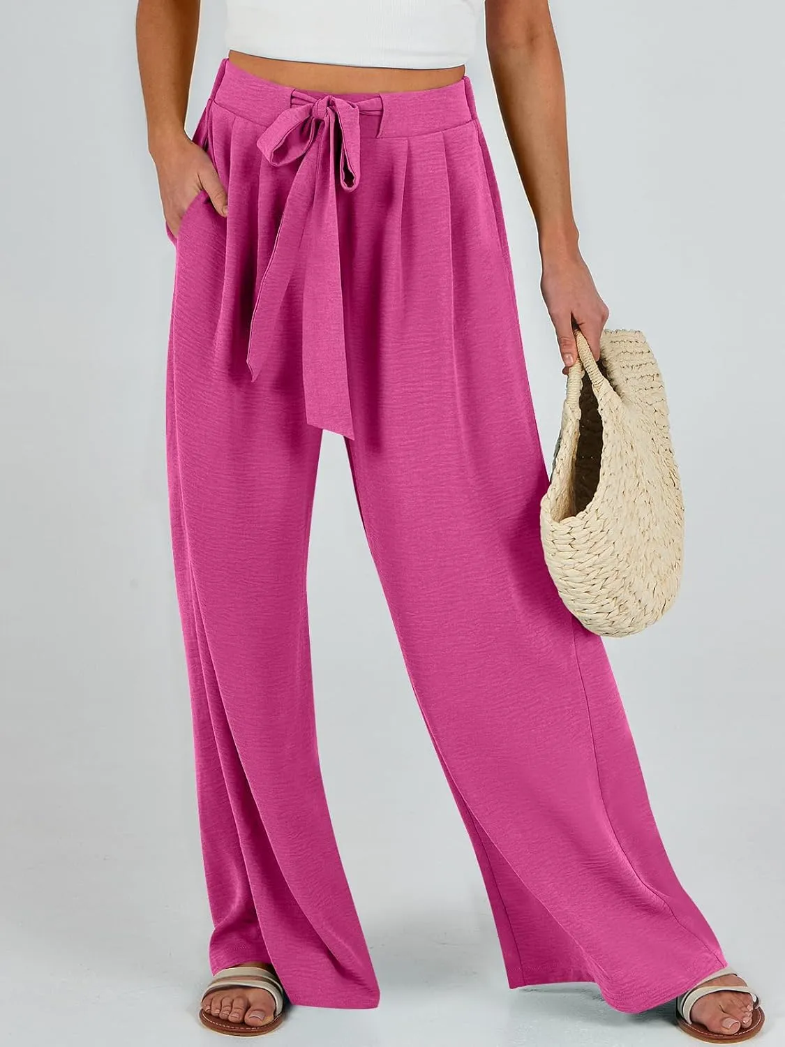 Caracilia Women Wide Leg Palazzo Pants Summer High Waist Flowy Casual Trousers Loose Lounge Beach Travel Vacation Clothes