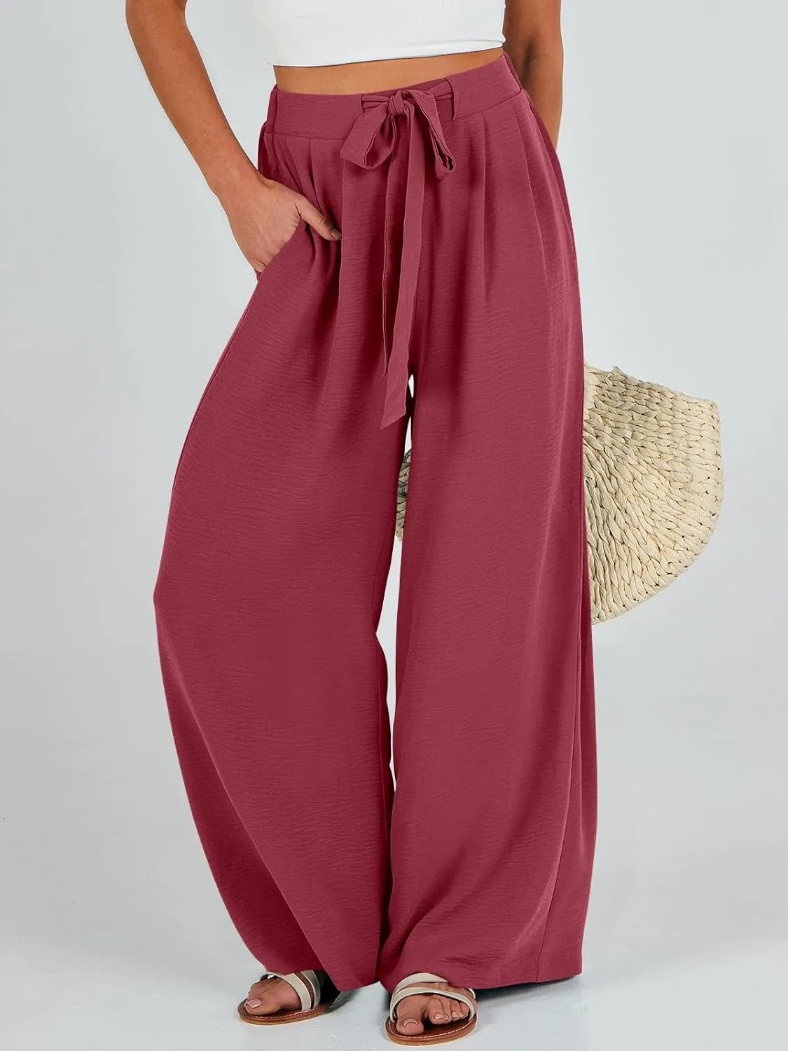 Caracilia Women Wide Leg Palazzo Pants Summer High Waist Flowy Casual Trousers Loose Lounge Beach Travel Vacation Clothes