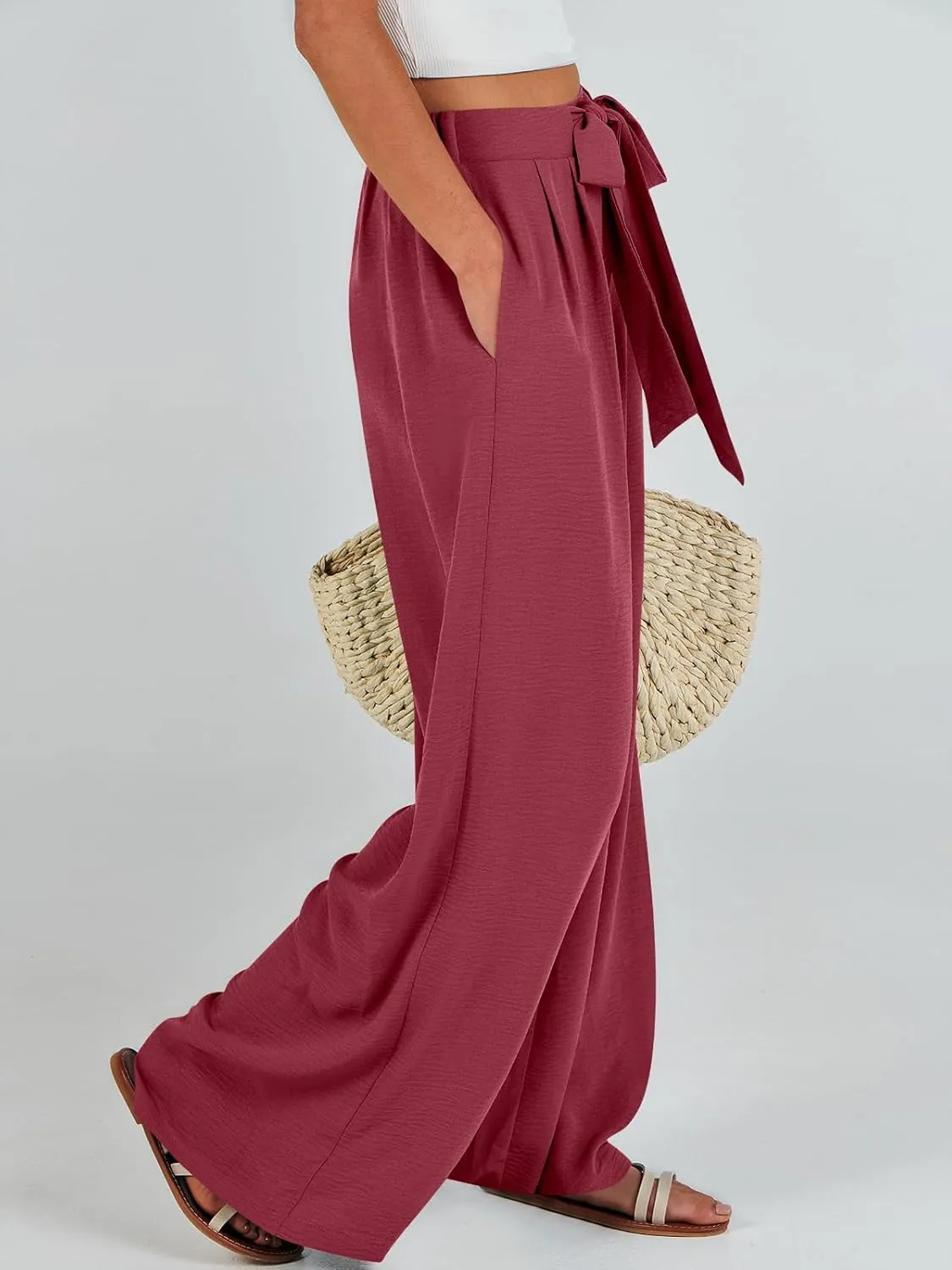 Caracilia Women Wide Leg Palazzo Pants Summer High Waist Flowy Casual Trousers Loose Lounge Beach Travel Vacation Clothes