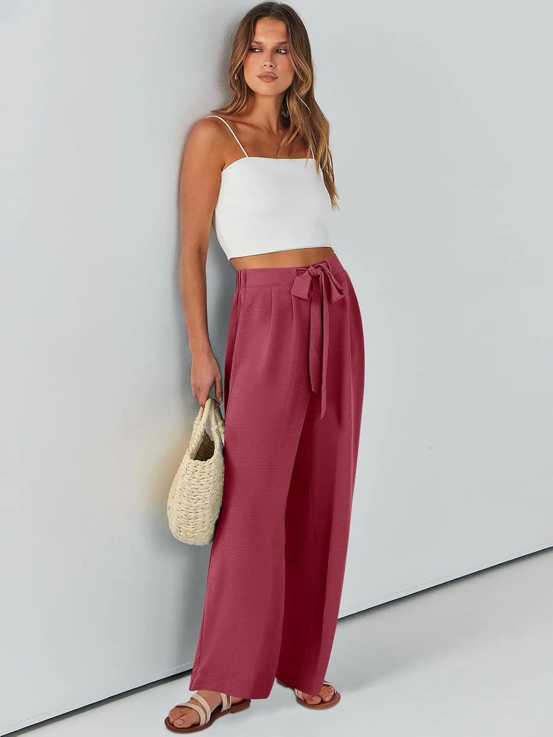 Caracilia Women Wide Leg Palazzo Pants Summer High Waist Flowy Casual Trousers Loose Lounge Beach Travel Vacation Clothes