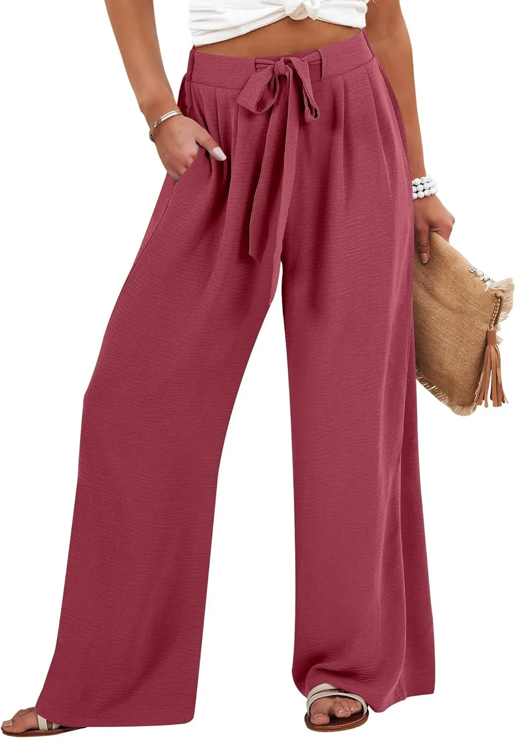 Caracilia Women Wide Leg Palazzo Pants Summer High Waist Flowy Casual Trousers Loose Lounge Beach Travel Vacation Clothes