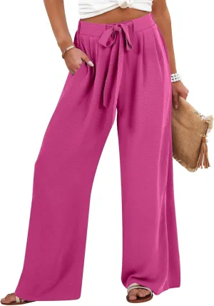 Caracilia Women Wide Leg Palazzo Pants Summer High Waist Flowy Casual Trousers Loose Lounge Beach Travel Vacation Clothes