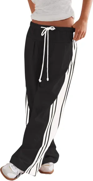 Casual Crayon Striped Pants for Women Drawstring Elastic High Waist Lounge Pant Color Block Baggy Wide Leg Sweatpants