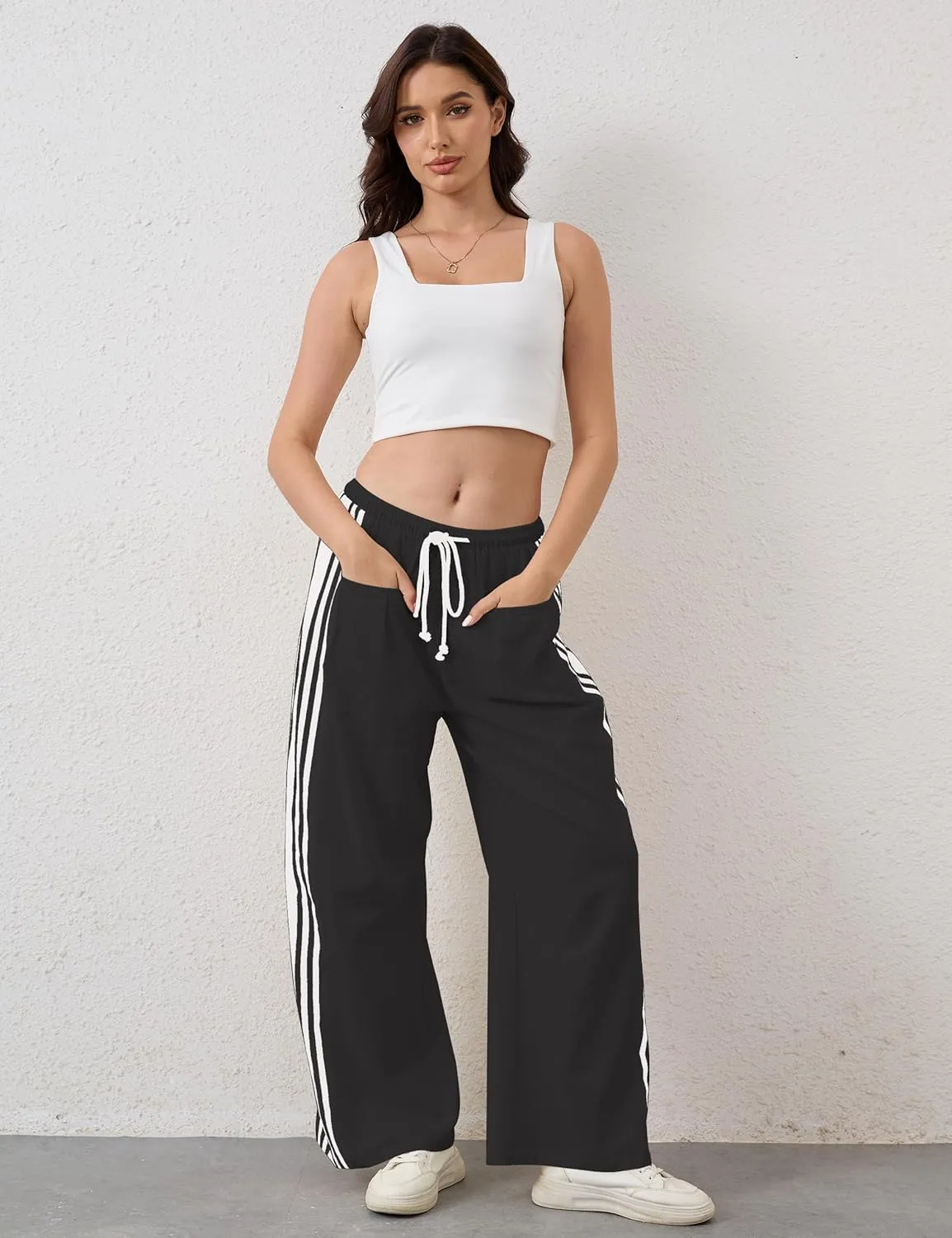 Casual Crayon Striped Pants for Women Drawstring Elastic High Waist Lounge Pant Color Block Baggy Wide Leg Sweatpants