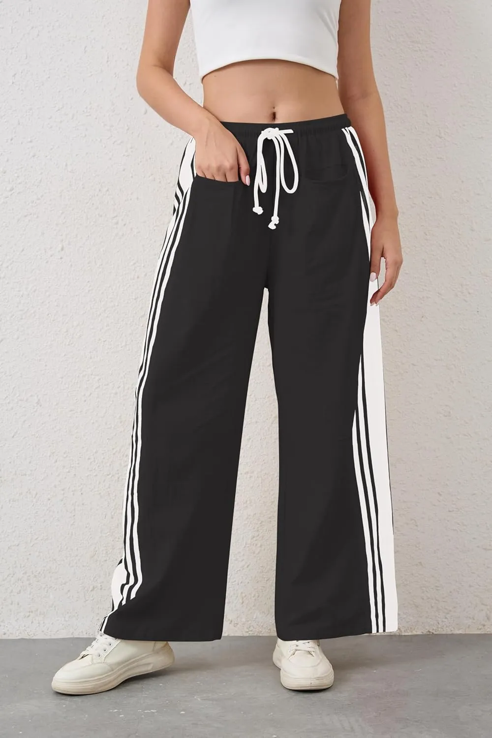 Casual Crayon Striped Pants for Women Drawstring Elastic High Waist Lounge Pant Color Block Baggy Wide Leg Sweatpants