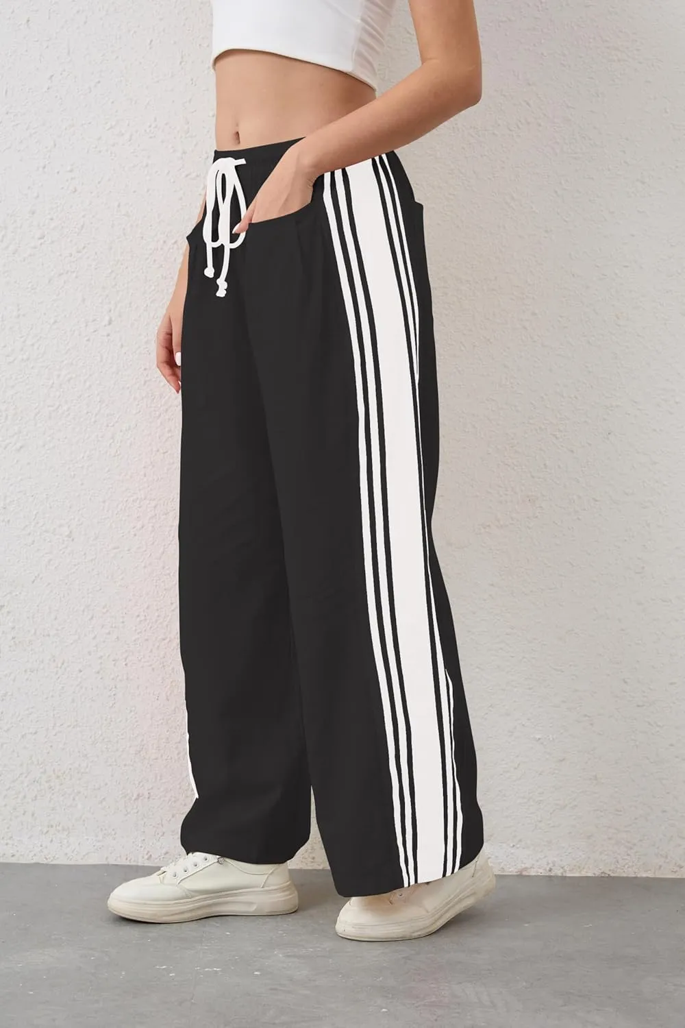 Casual Crayon Striped Pants for Women Drawstring Elastic High Waist Lounge Pant Color Block Baggy Wide Leg Sweatpants
